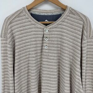 Tommy‎ Bahama XL Beige Striped Organic Cotton Henley Long Sleeve Shirt